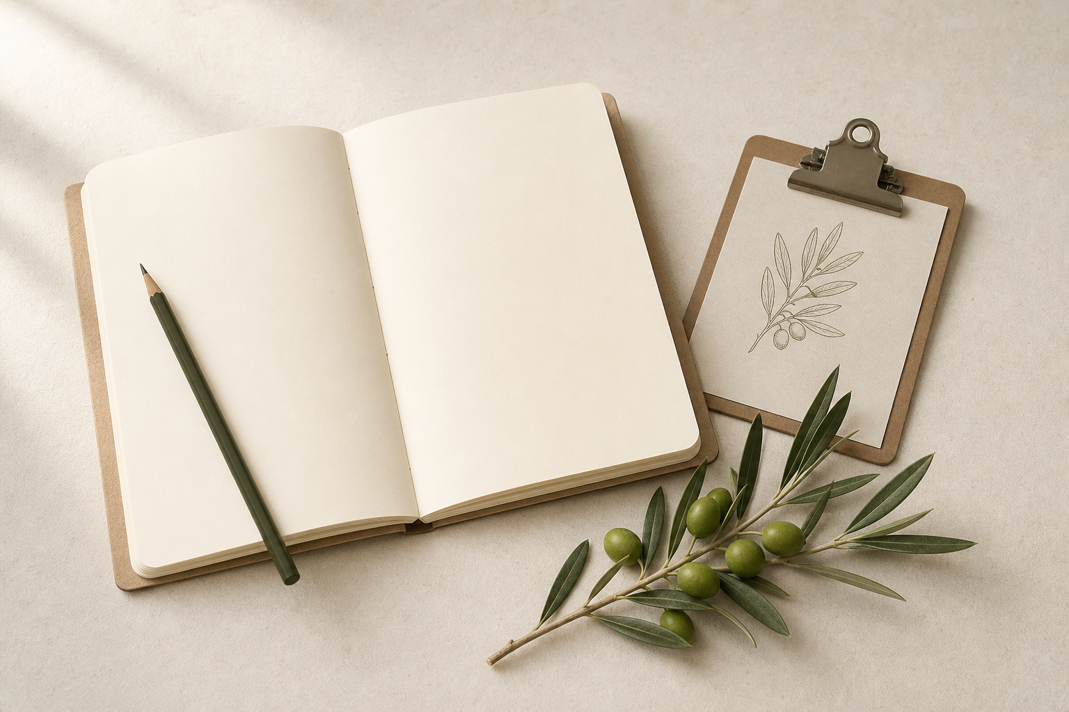 Cuaderno de campo, portapapeles y rama de olivo